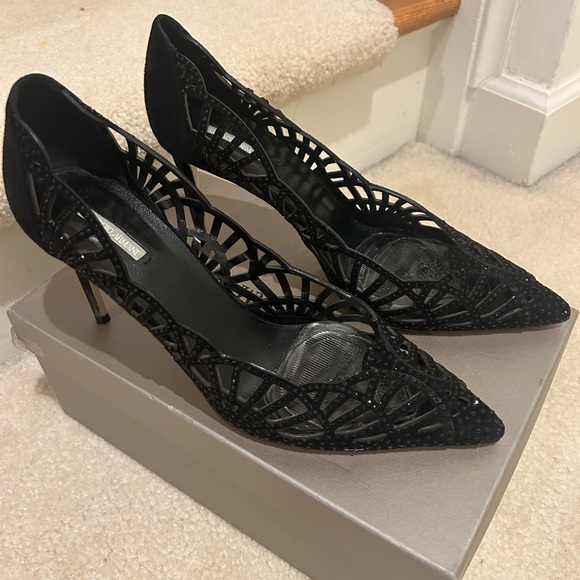 GIORGIO ARMANI BLACK LASERCUT CRYSTAL ENCRUSTED PUMPS HEELS SZ 39.5 worn 1x - Picture 1 of 7